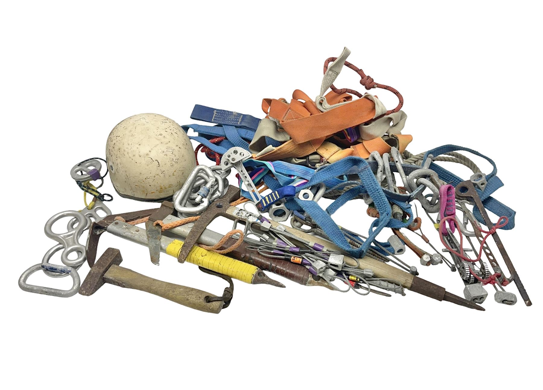 Collection of 1960s/70s climbing equipment including two original Hamish McInnes Pterodactyl ice axes, Joe Brown helmet, carabiners, ropes and wires etc