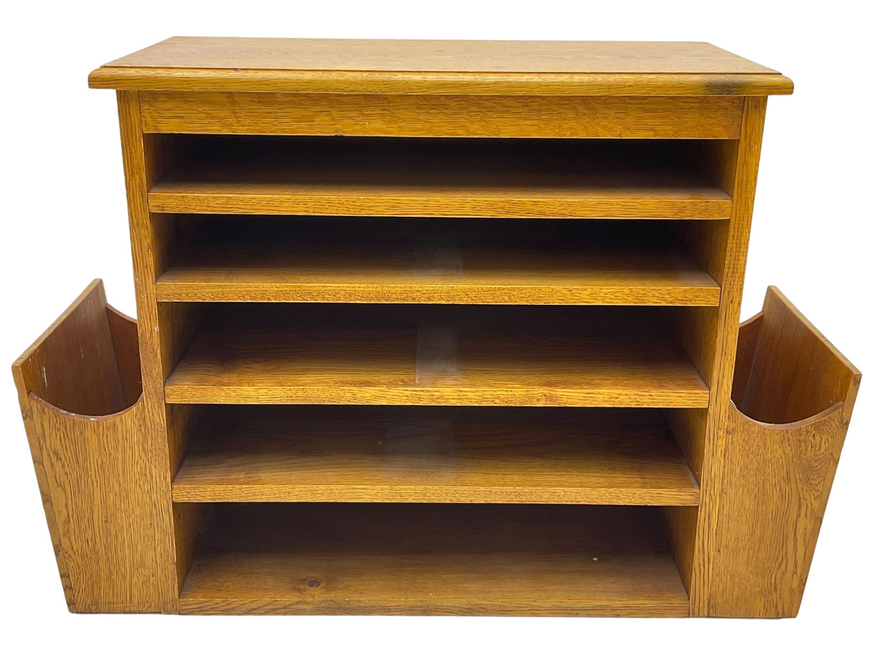 Craftsman made oak magazine table or HI-FI stand, moulded rectangular top over four shelves, flanked by two projecting holders