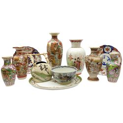 Collection of mostly Oriental ceramics, to include three 20th century Japanese Satsuma vases, two Japanese Imari plates, etc. 