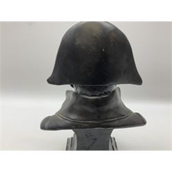 Bronze bust modelled as Napoleon, head and shoulders, wearing his hat and with open collar, on a tapering square section base, marked to the reverse 'Lecomte '82', H36cm