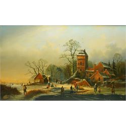 Dutch School (Early 20th century): Frozen Winter Landscape with Figures, oil on canvas uns...