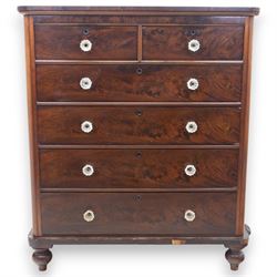 Victorian flame mahogany chest, fitted with two short over four long graduating drawers