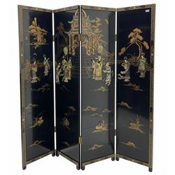 Japanese black lacquered four panel screen, with shibayama type decoration 