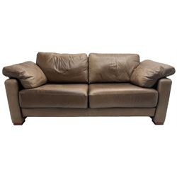 Heals - contemporary two seat 'Palermo' sofa, upholstered in chocolate brown leather, raised on wooden block feet