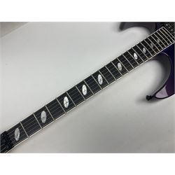 2015 Japanese Caparison Dellinger Prominence hand made boutique rock guitar in spectrum blue with clock inlays and Scaller tremolo; serial no.3200018; L100cm; in fitted case with certificate, registration card, tools etc