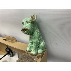 Sylvac green seated dog, together with pair Wade Heath vases, wall charger and other collectables, in two boxes  