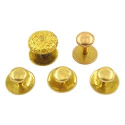 Three 18ct gold shirt studs, stamped 18 and two pairs of 15ct gold shirt studs, one stamped the other tested