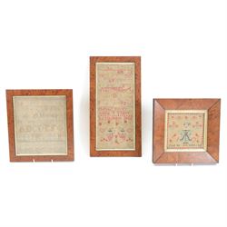 Three framed samples, including 19th century alphabet sampler by Pheobe Bolter aged 9 year...