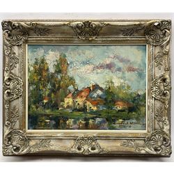 Edmond de Meulenaere (Belgian 1884-1963): House on a Lakeside, oil on board signed 27cm x 38cm 