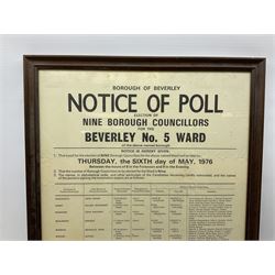 Two 19th century Beverley Race posters - 11th/12th May 1842 with vignette of a horse race 35 x 23cm; and 17th March 1854; each in ebonised frame; together with 'Notice of Poll .... Beverley No.5 Ward' 6th May 1976 78 x 43cm in mahogany stained frame (3)
