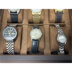 Five automatic wristwatches including Technos, Citizen, Seiko Rotary and Ramona, two Rotary quartz, Seiko quartz, Tissot ladies and a Romer, two silver ladies pocket watches and a gold-plated pocket watch, in two display boxes