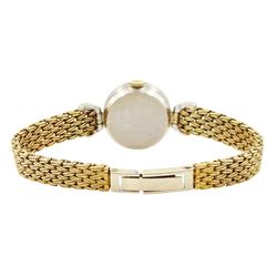 Dugena ladies 14ct gold quartz wristwatch, white gold case, diamond set bezel and lugs, to a yellow gold weave design bracelet and white gold clasp, stamped 585