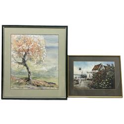 Reg Siger (British 1944-): 'Pin Mill' Suffolk, watercolour signed, labelled verso 25cm x 38cm; Rachel WIlliamson (British 20th century): 'The Blossom Tree', watercolour signed inscribed and dated '89 verso 48cm x 40cm (2)