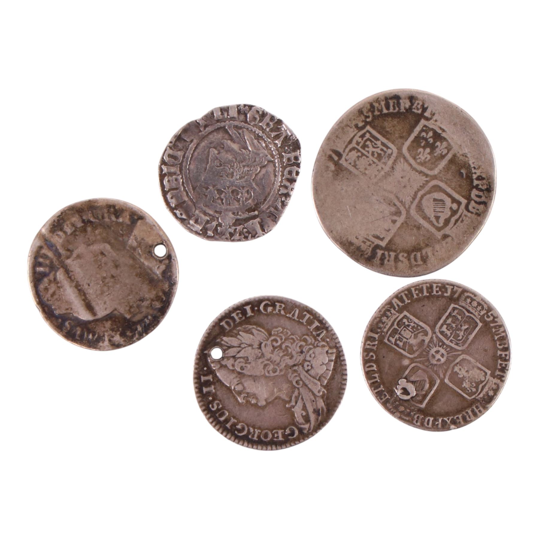 Henry VII silver half groat coin, York mint, William III silver sixpence, George II 1745 silver shilling, George II 1745 silver sixpence, and George II 1757 silver sixpence (5)