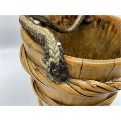 Late 19th century Tibet milk pail, the tapering body with twisted bindings and carring handle, H21cm