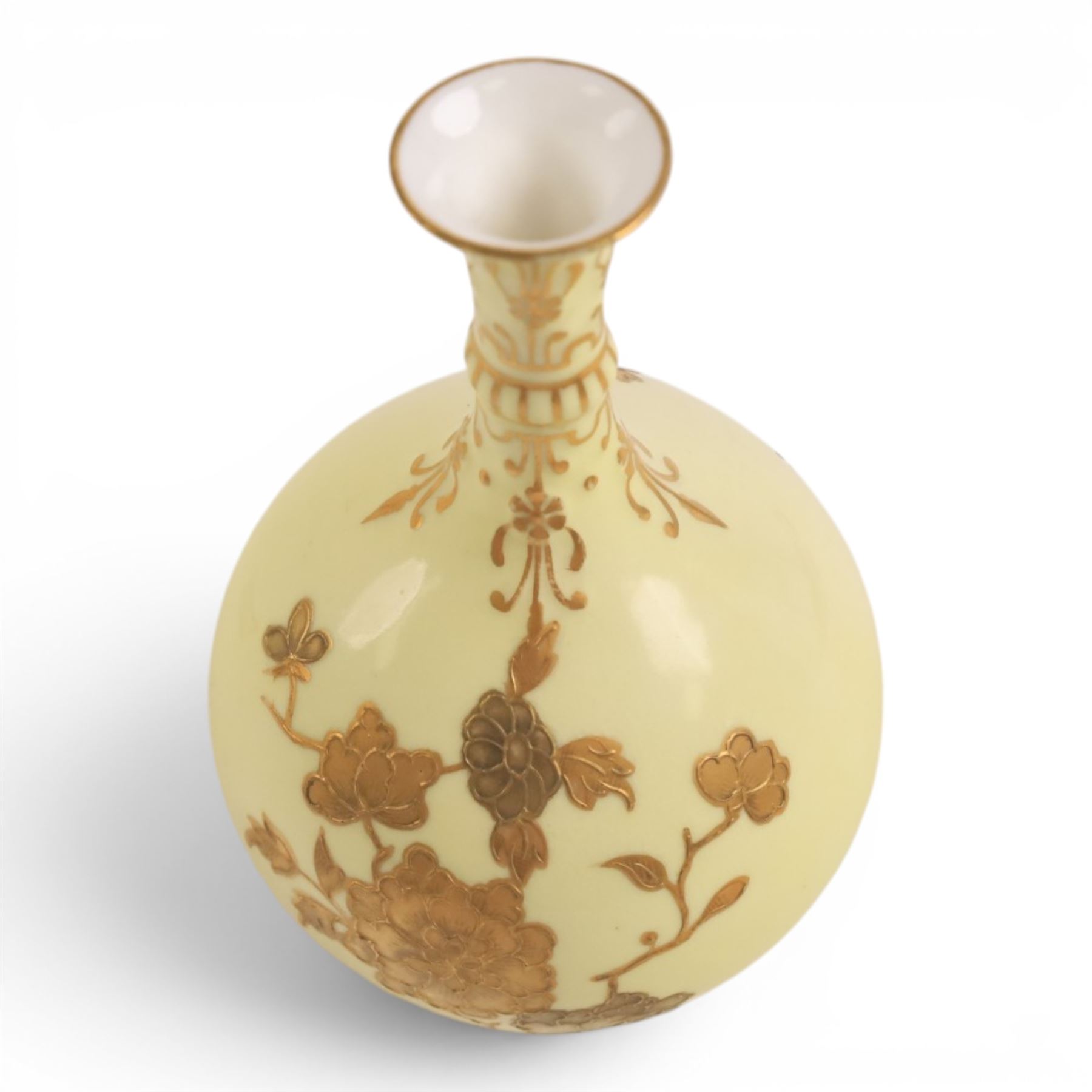 Pair of Royal Crown Derby bud vases, decorated with gilt floral sprigs upon a yellow ground, marked beneath, H14cm
