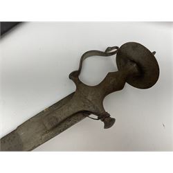 Late Victorian British Military gymnasium practice sword with 85.5cm fullered blunt pointed narrow straight blade, pierced bowl guard and chequered wooden grip L103cm overall; Leon Paul fencing foil with shaped grip and touche wiring; and two reproduction Indian tulwar swords with scabbards (4)