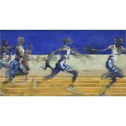 Contemporary School (20th/21st century): Passing the Baton - Relay Sprint Team, oil on canvas unsigned 59cm x 112cm
Provenance: with Oakwood Gallery, Roundhay, Leeds
