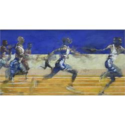 Contemporary School (20th/21st century): Passing the Baton - Relay Sprint Team, oil on canvas unsigned 59cm x 112cm
Provenance: with Oakwood Gallery, Roundhay, Leeds