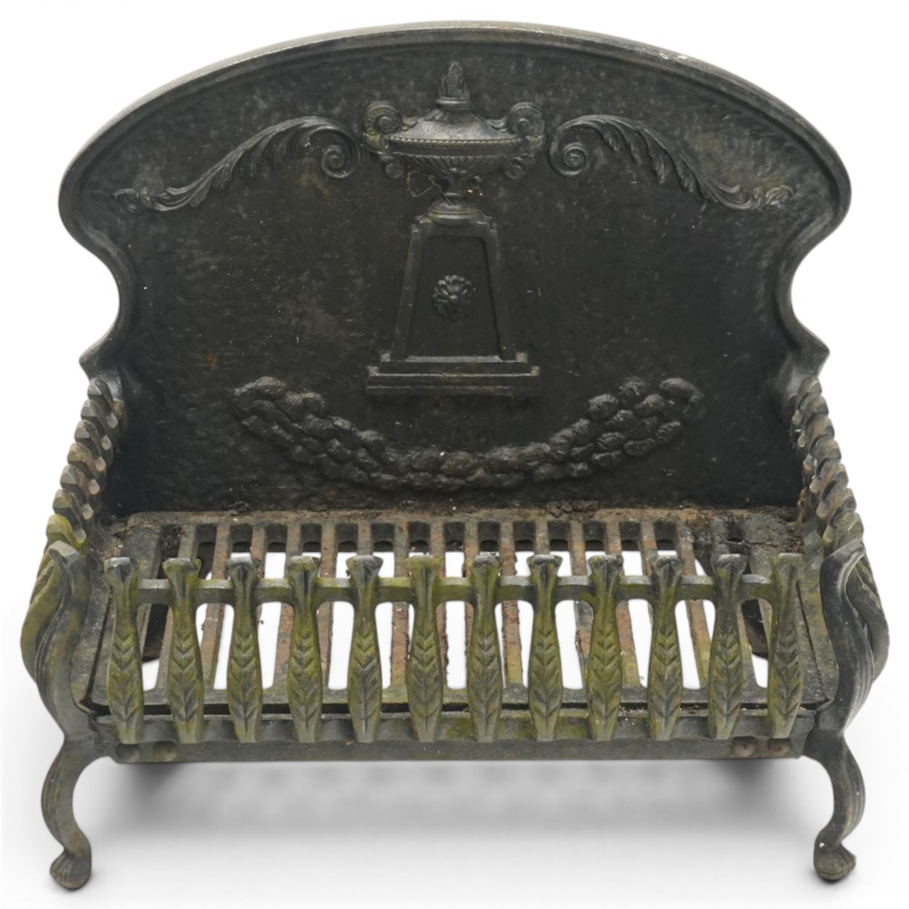 Adam style cast iron fire grate, shaped arched back plate cast with classical urn and scrolling acanthus, railed basket with pierced grate bars, on four cabriole supports