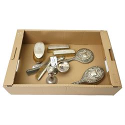 Pair of silver backed hair brushes, pair of clothes brushes, hand mirror, , silver handled...