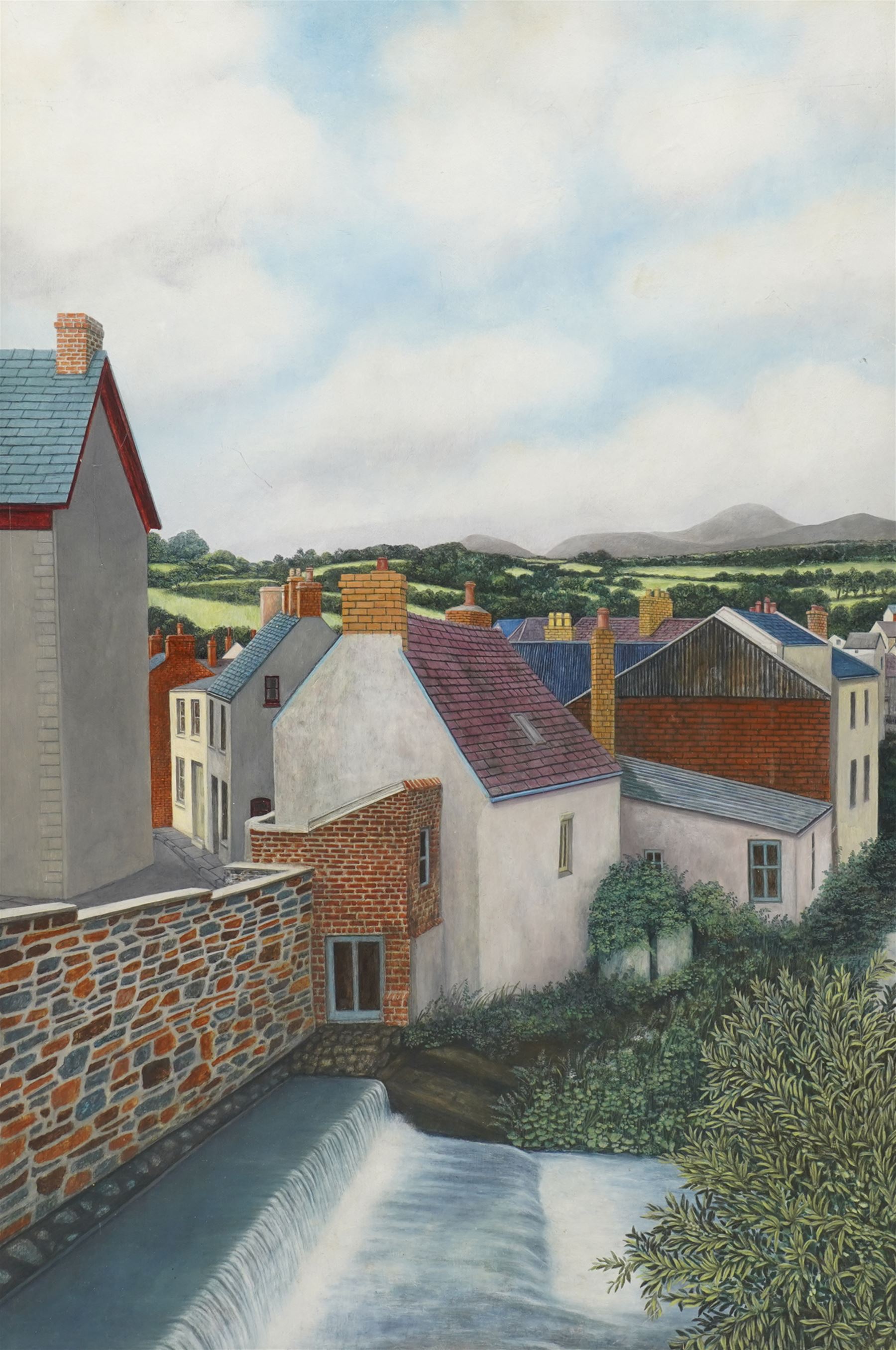 Tony Steele-Morgan (British 1930-2009): 'Brecon' Wales - Rooftops, oil on board signed inscribed and dated 1977 verso 54cm x 36cm