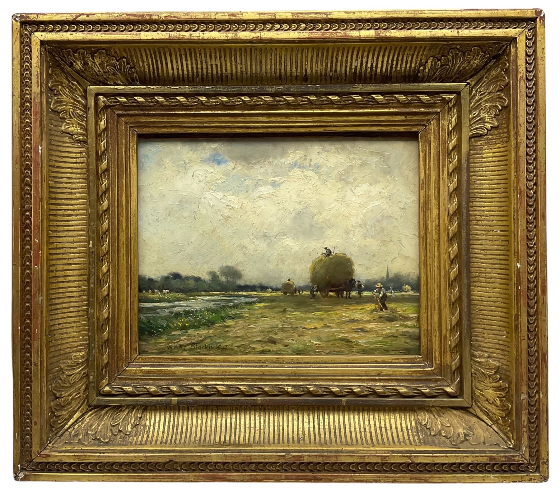 William Kay Blacklock (British 1872-1944): Loading the Hay Carts, oil on board signed, inscribed and dated 1917 verso 21cm x 27cm