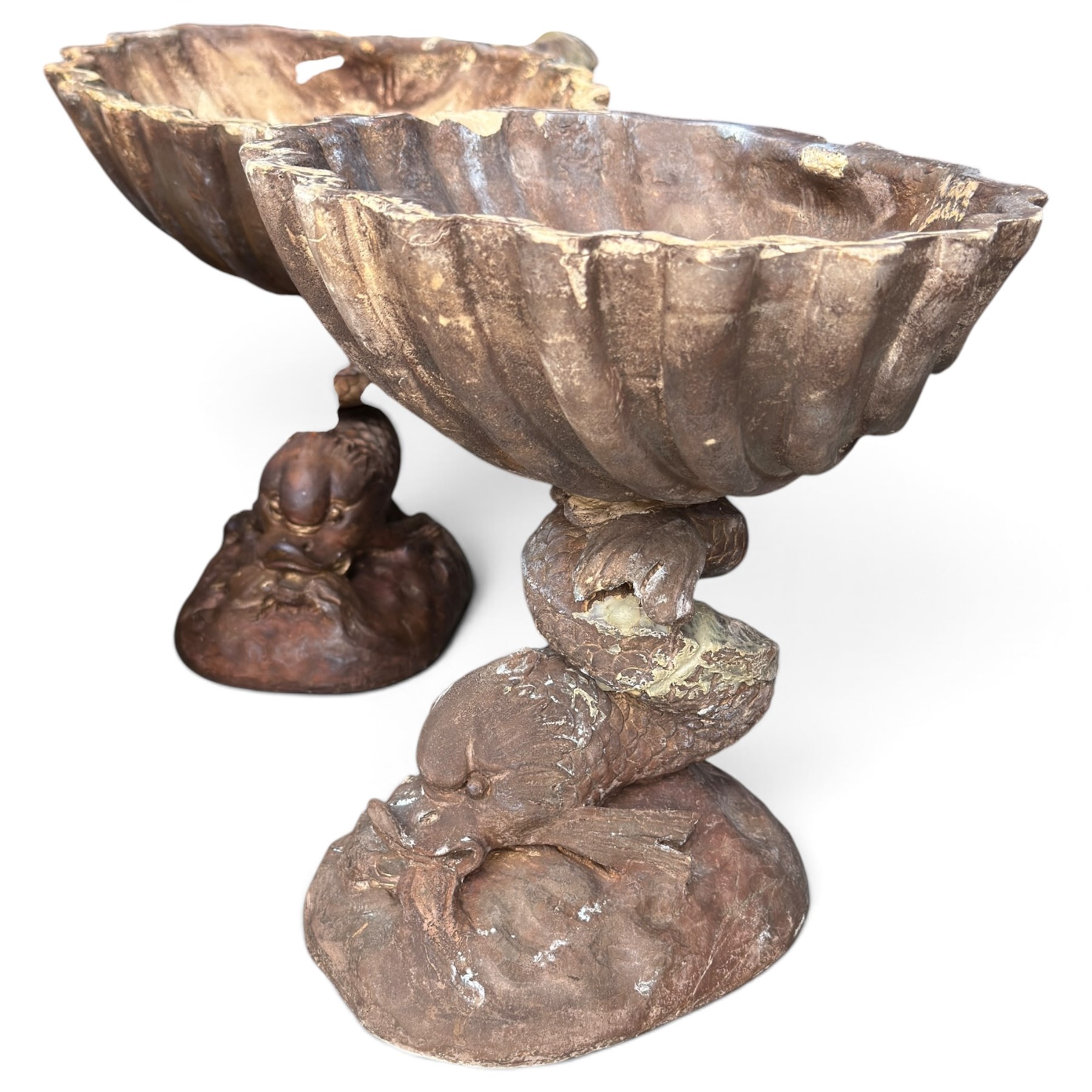 Large assorted collection of glazed stoneware jars and planters, with two lidded crocks, a brass urn and three decorative garden planters, including a pair of shell-form examples