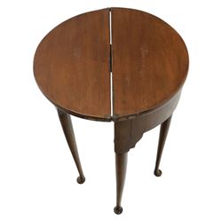 Small proportioned 19th century demi-lune drinks table, foldover top with gate action, raise on tapering cabriole legs