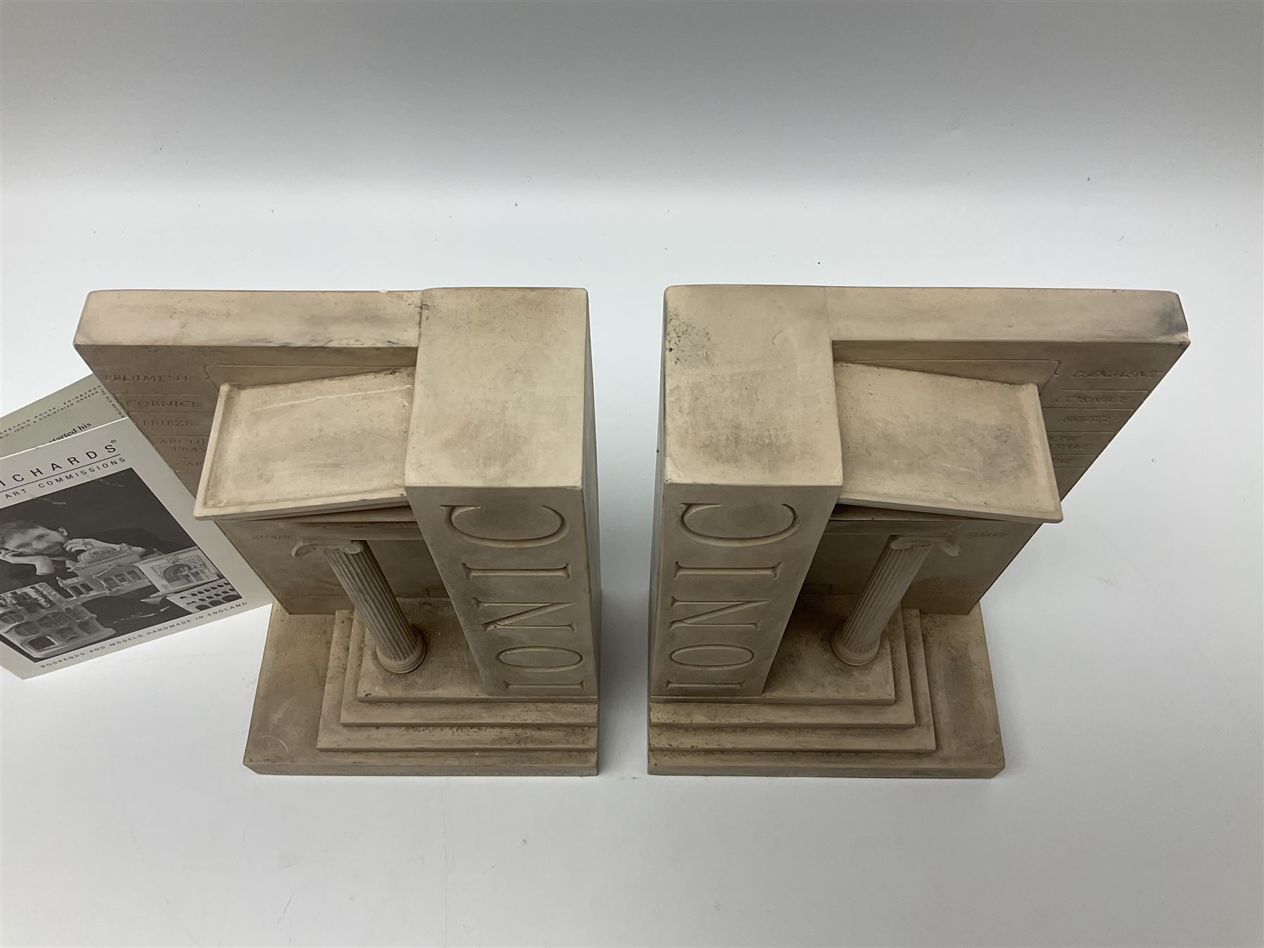 Timothy Richards handmade English plaster architectural models, Ionic; The Second Order of Greek Architecture, bookends, H22cm