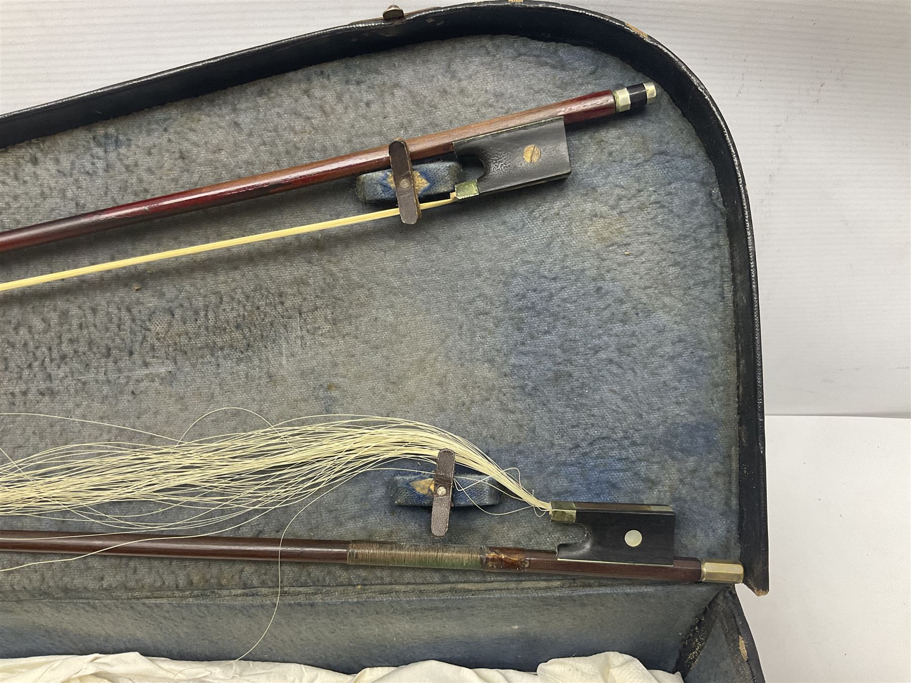 German trade violin c1900 with 35.5cm two-piece maple back and spruce top; bears label 'Made in Germany Apollo Class 6 No.2132' L59cm; in carrying case with two bows