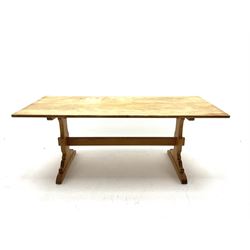 Vintage rectangular pine table, shaped supports, pegged cross stretcher, sledged feet
