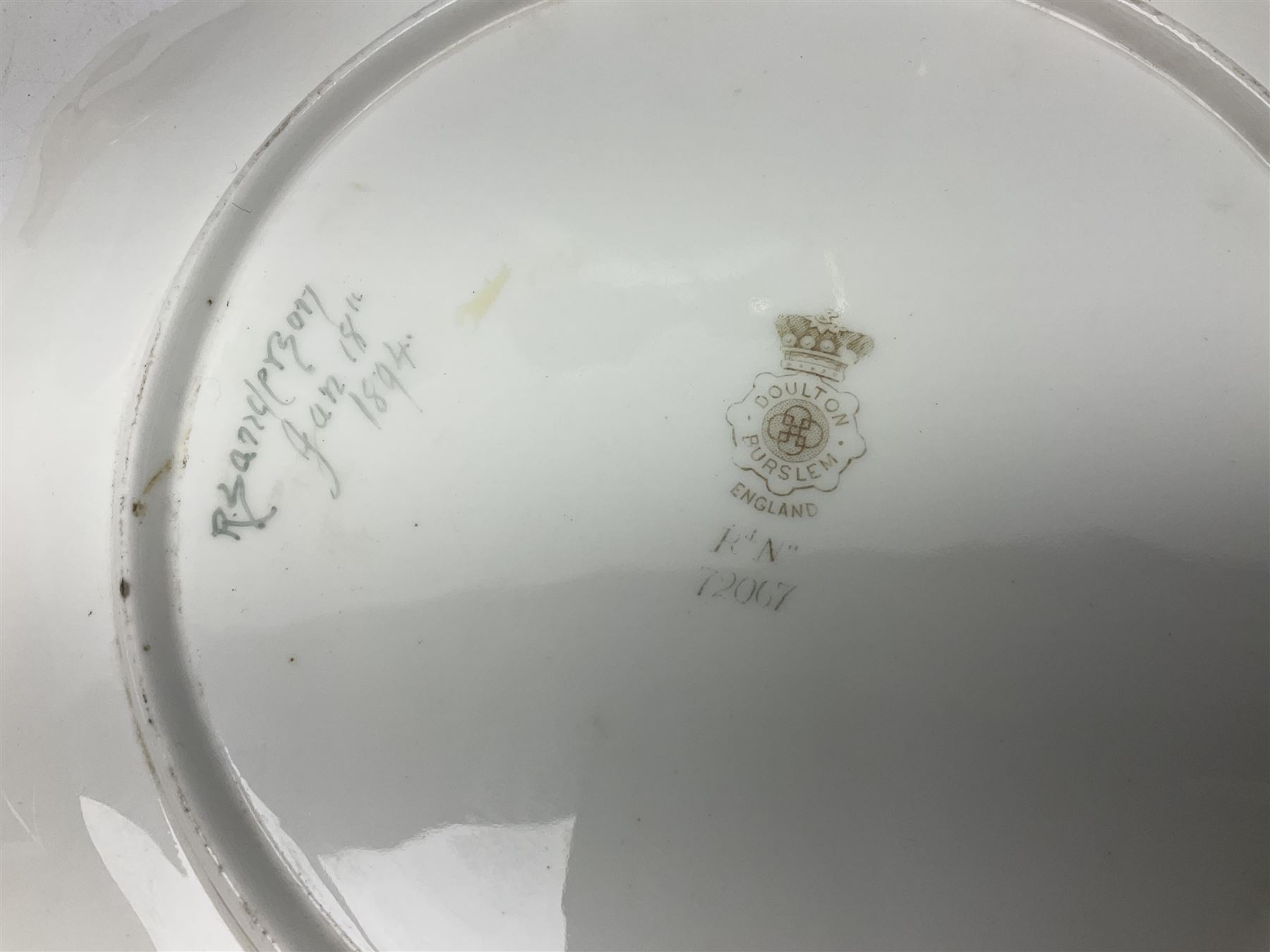 Pair rubian art pottery jugs and pair painted Doulton plates, jugs H42cm