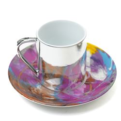 Damien Hirst (British 1965-); set of six anamorphic silver lustre espresso cups and saucers of various designs