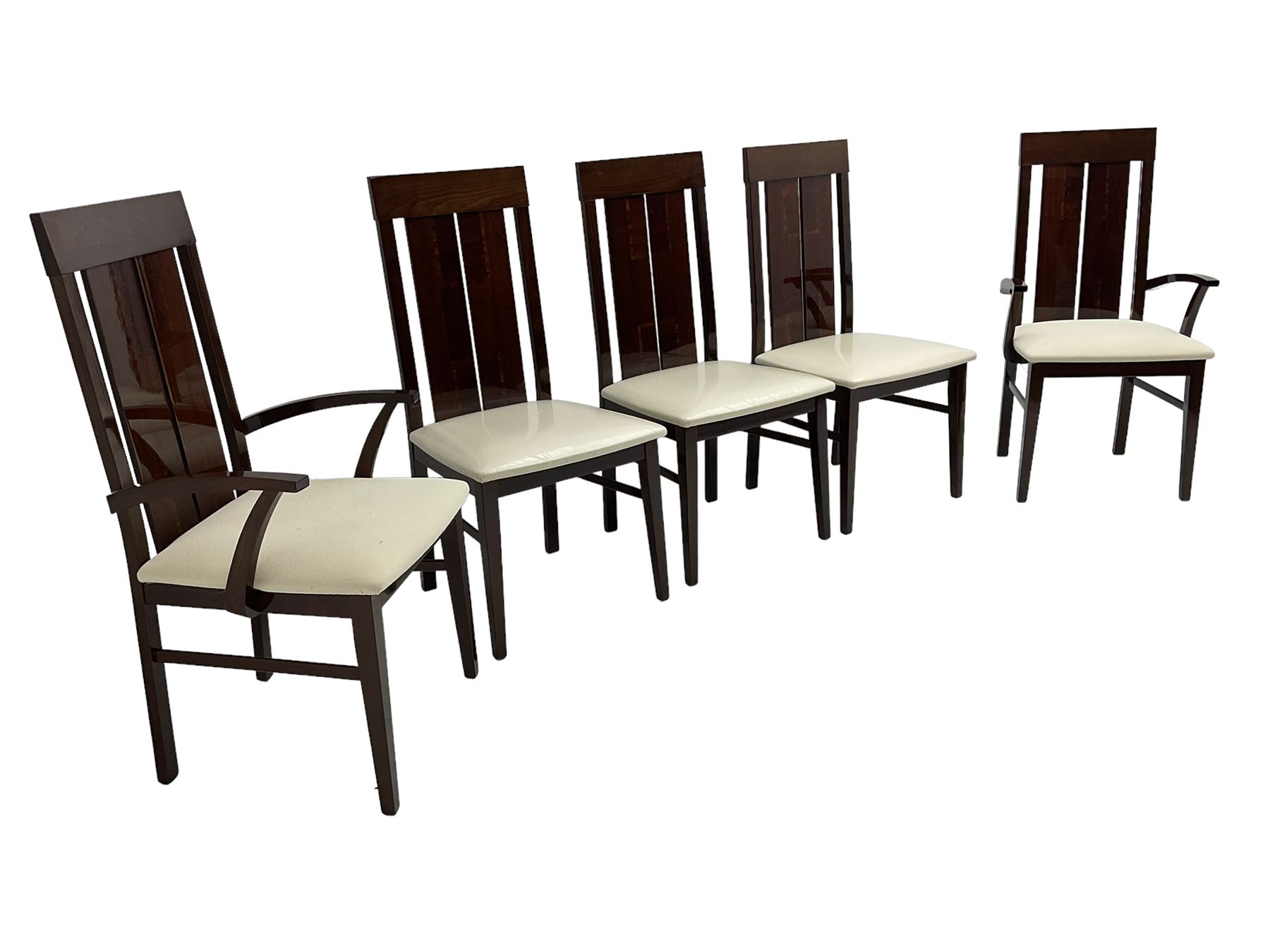 Large American walnut rectangular dining table on square block supports, together with set eight high back dining chairs with cream upholstered seats, the top and chair backs with matching inlaid geometric banding