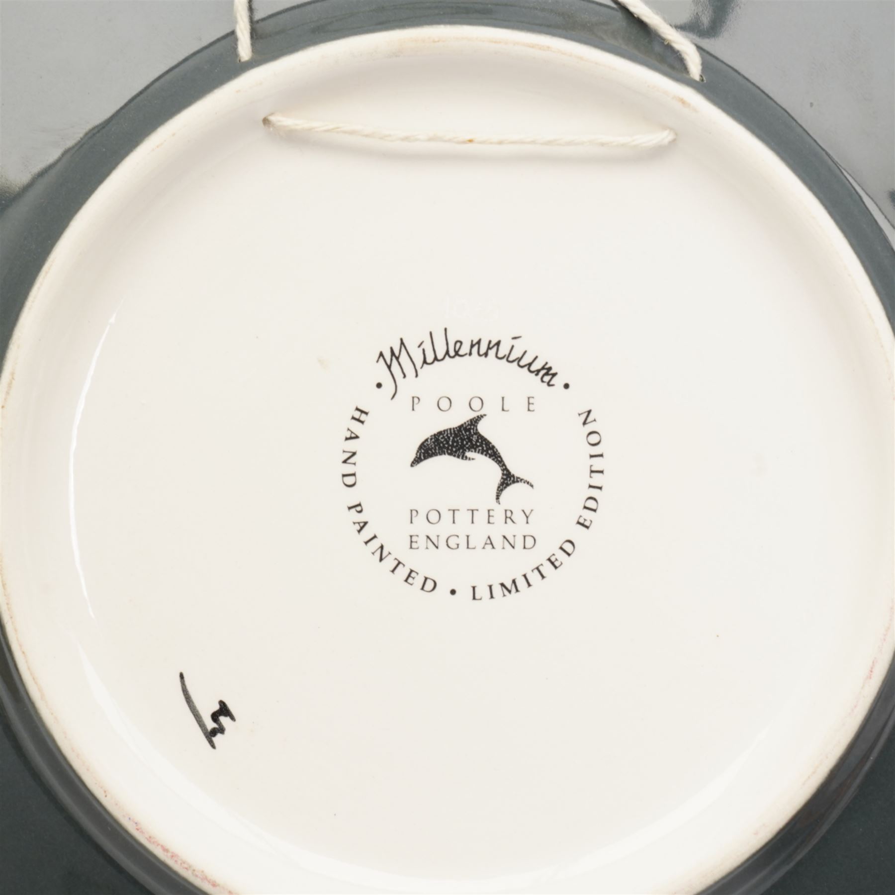 Poole Pottery Saturn Charger from the Alan Clarke 'The Planets' series, no. 1314/2000, D41cm, together with a Poole Pottery Millennium charger, no. 1035, and vase no. 1314, H34cm (3)