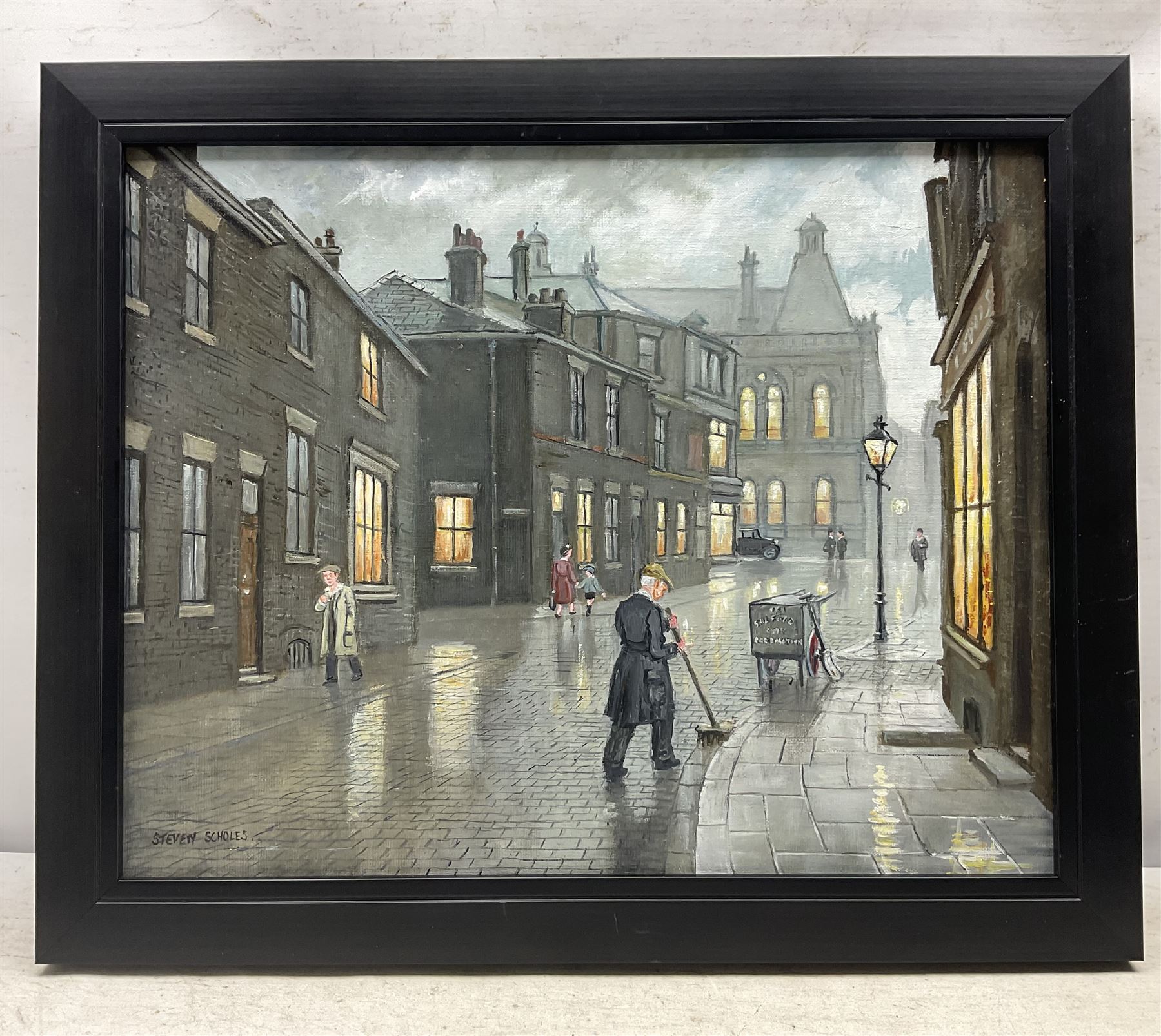 Steven Scholes (Northern British 1952-): 'Road Sweeper - Salford 1962', oil on canvas signed, titled verso 38cm x 48cm