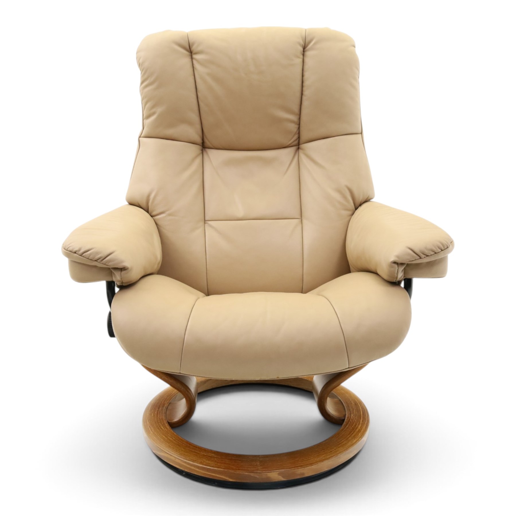 Ekornes Stressless - beech framed reclining swivel armchair with matching footstool, on U-shaped supports with circular bases, upholstered in beige leather