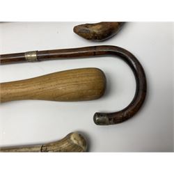 Collection of walking sticks including cane example with silver cap and collar