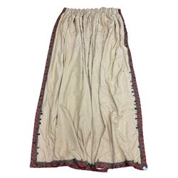 Two pairs of pleated curtains, in pale gold fabric with red patterned outer band and tassels, thermal lined, W80cm, Fall - 300cm