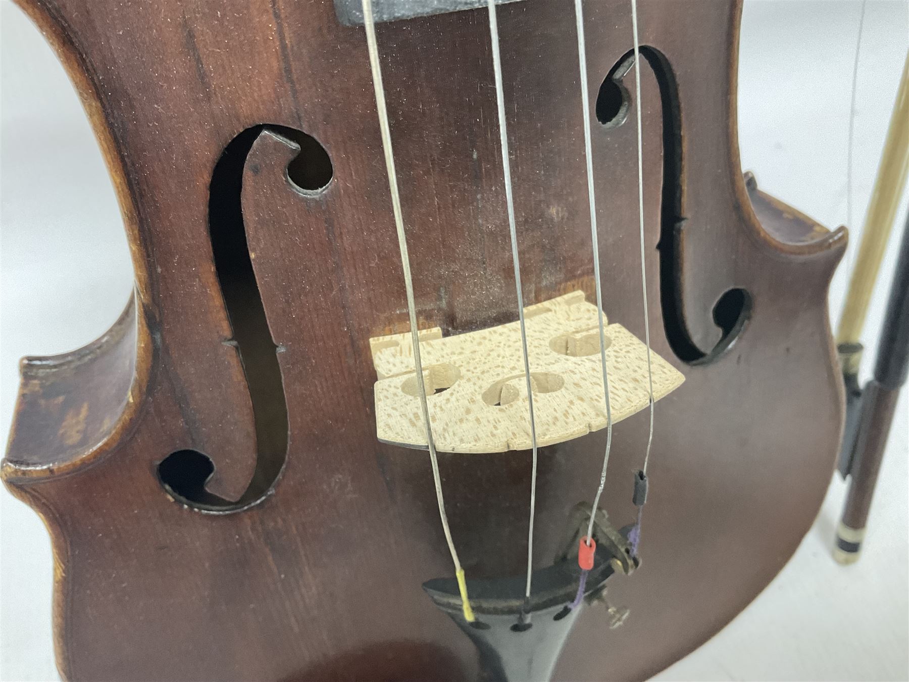 Full size violin and bow in a wooden constructed fitted case, back length 35cm, full length 60cm
