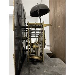 Early 19th century oak longcase clock, projecting cornice over frieze painted with scrolls, square glazed door enclosed by plain pilasters, square brass dial with ornate cast metal spandrels, Roman chapter ring and false subsidiary date aperture, engraved decoration and inscribed 'Torkington, Newcastle', 30-hour movement striking on bell