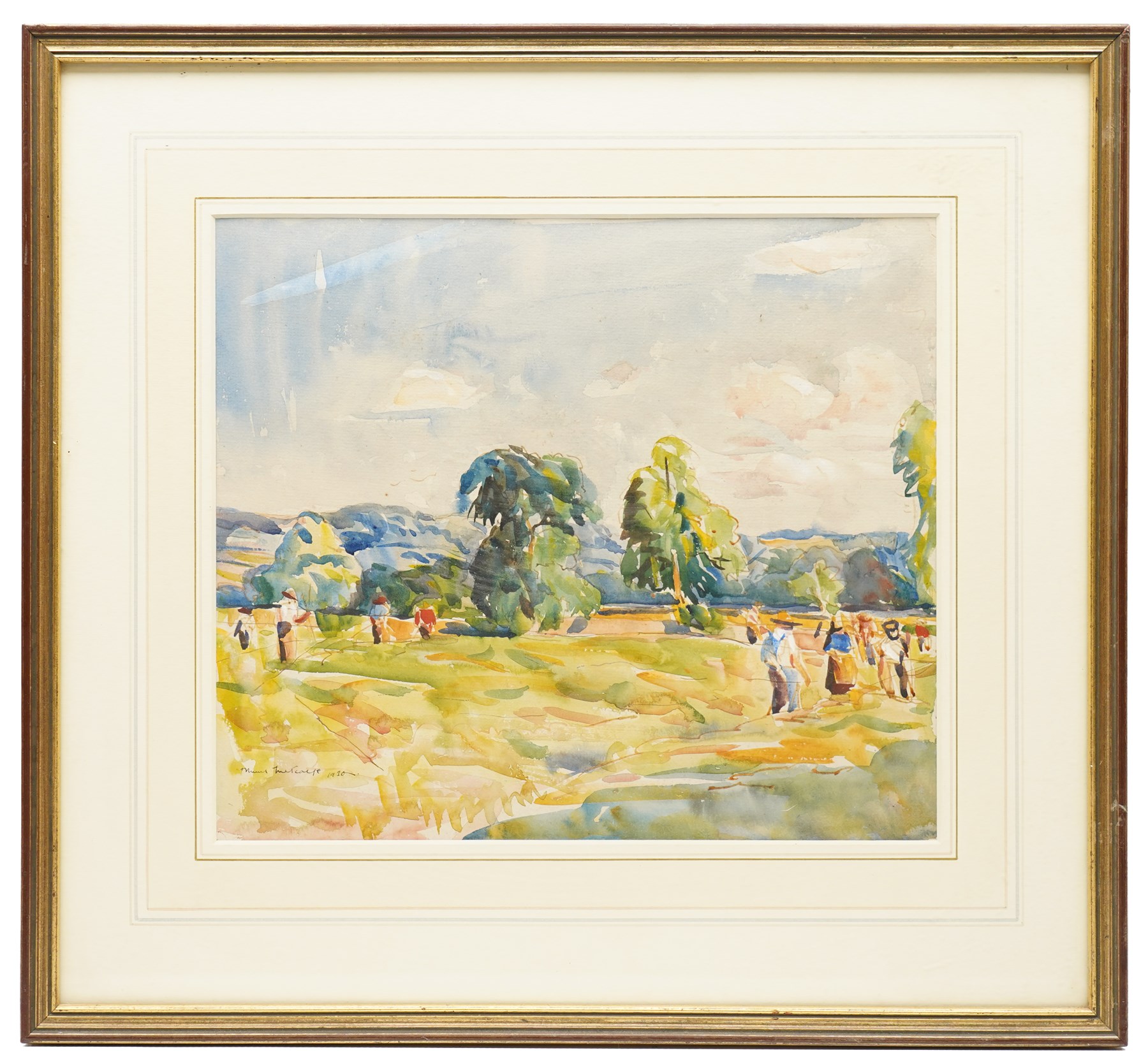 Muriel Metcalfe (Yorkshire 1910-1994): Hay Making, watercolour signed and dated 1930, titled on label verso 28cm x 32.5cm