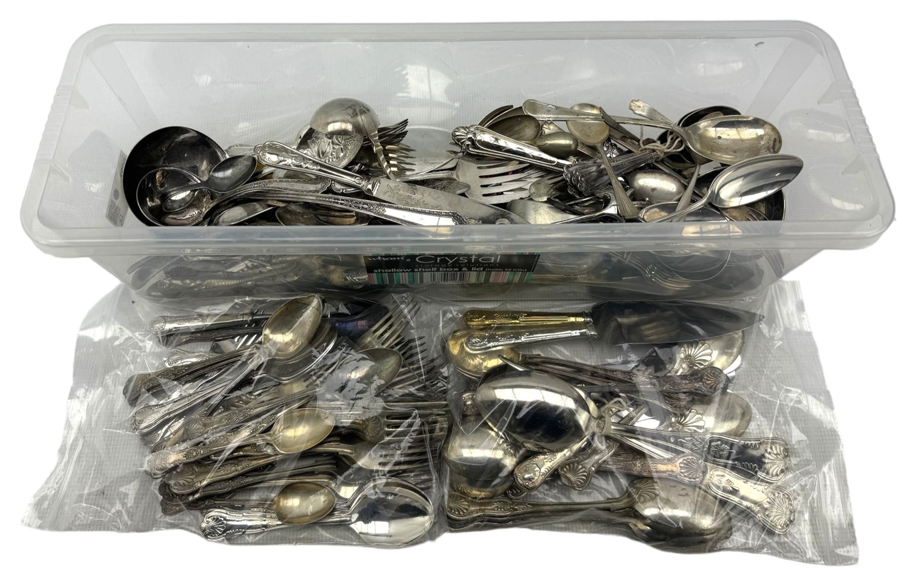 Part service of silver-plated kings pattern cutlery, together with a quantity of 19th century and later silver-plated cutlery in one box