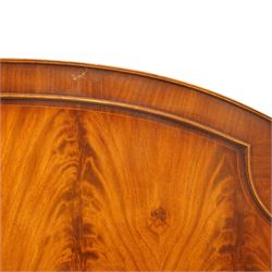 Two 20th century headboards, one with scrolled rail above a pink button backed board (H c127m, W 137cm) the second with flamed mahogany veneer (H 117cm, W 163cm)