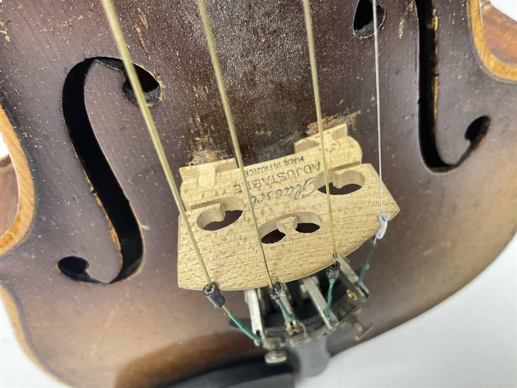 Two three-quarter size violins - German Saxony with 34cm one-piece maple back and ribs and spruce top; L56cm overall; and Hungarian with 34cm two-piece maple back and ribs and spruce top; L56cm overall; each in carrying case with bow (2)