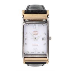 Clogau gold and silver cased quartz wristwatch, white enamel dial with diamond dot hour markers, date aperture and rose gold lugs, on original black leather strap with stainless steel fold-over clasp, boxed