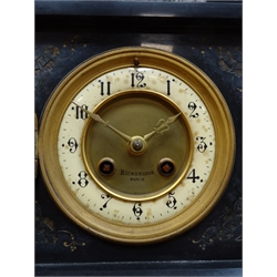  Victorian polished slate and marble architectural mantle clock with Arabic dial inscribed Richardson Paris, twin train movement striking the half hours on a coil, W37cm , H31cm    