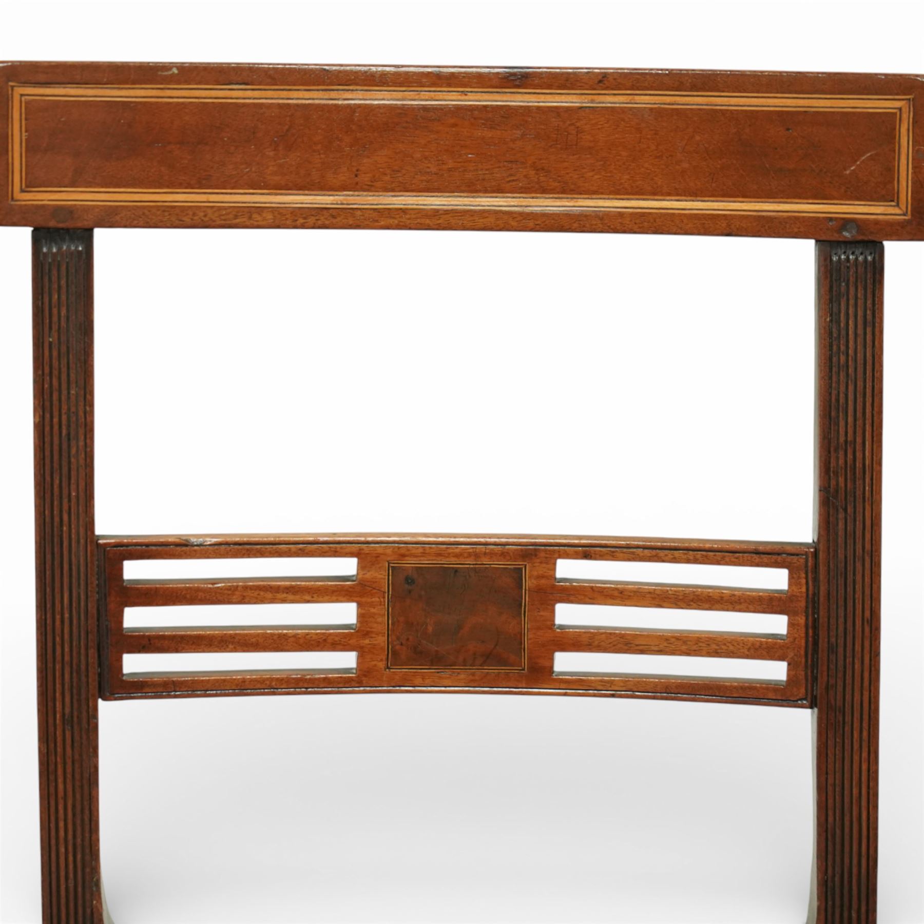 Georgian design mahogany dining chairs, a set of six including two carvers and four side chairs, each with rectangular moulded crest rail above a horizontal splat with central inlaid panel, upholstered seats, raised on square section supports united by stretchers