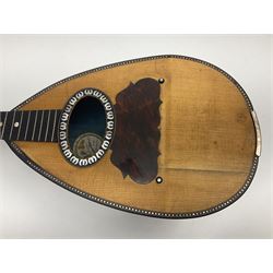 French mandolin with segmented lute back and mother-of-pearl inlaid spruce top; bears label for 'Jerome Thibouville-Lamy & Cie Paris L60cm; and another unmarked flat-back mandolin; both for completion (2)